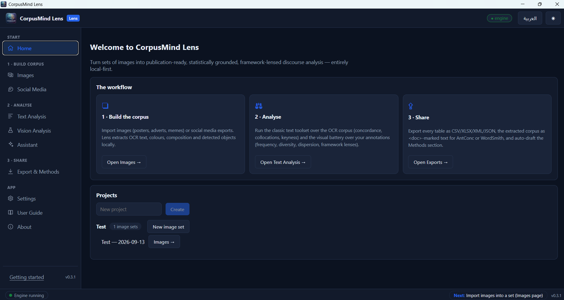 Welcome home screen with the three-step workflow and project management