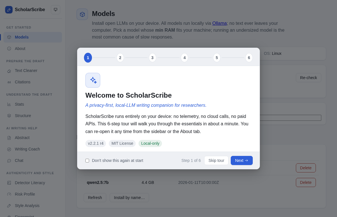 ScholarScribe welcome tour dialog over the Models tab