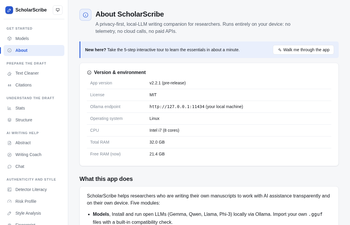 ScholarScribe About tab with version and environment details