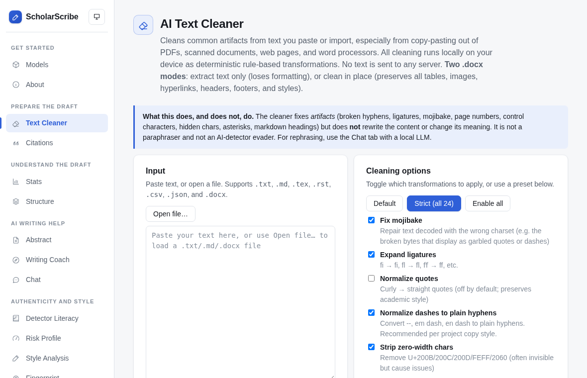 ScholarScribe AI Text Cleaner tab with cleaning options