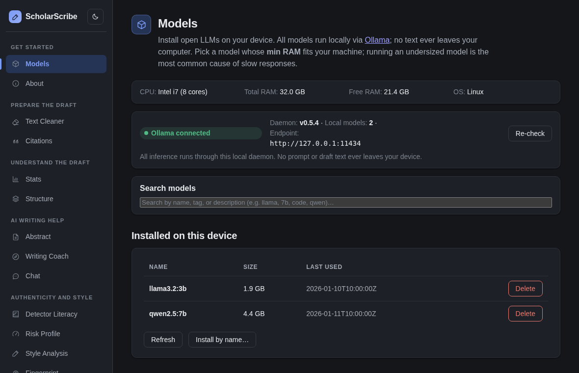 ScholarScribe Models tab in dark mode